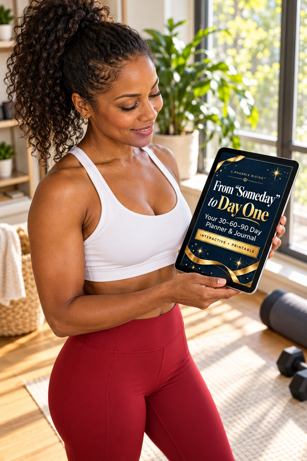 A woman in red fitness leggings and a white sports bra standing with a tablet displaying the Day One planner graphic