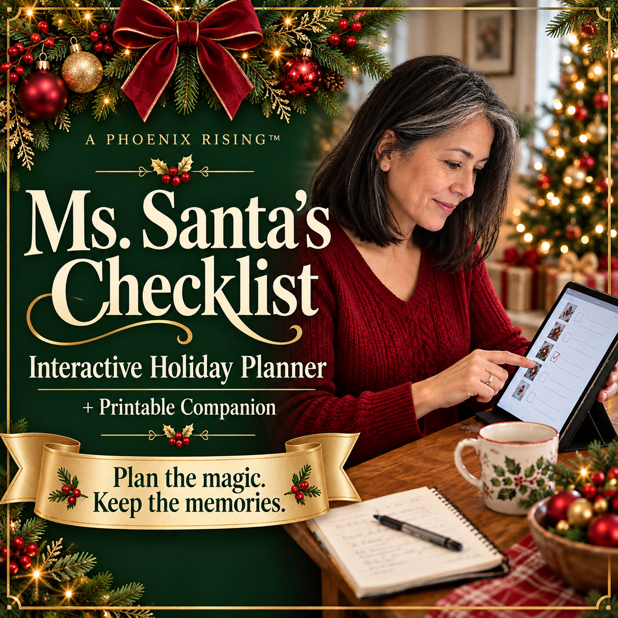 Ms. Santa’s Checklist product artwork with a woman using a tablet, evergreen and red Christmas accents
