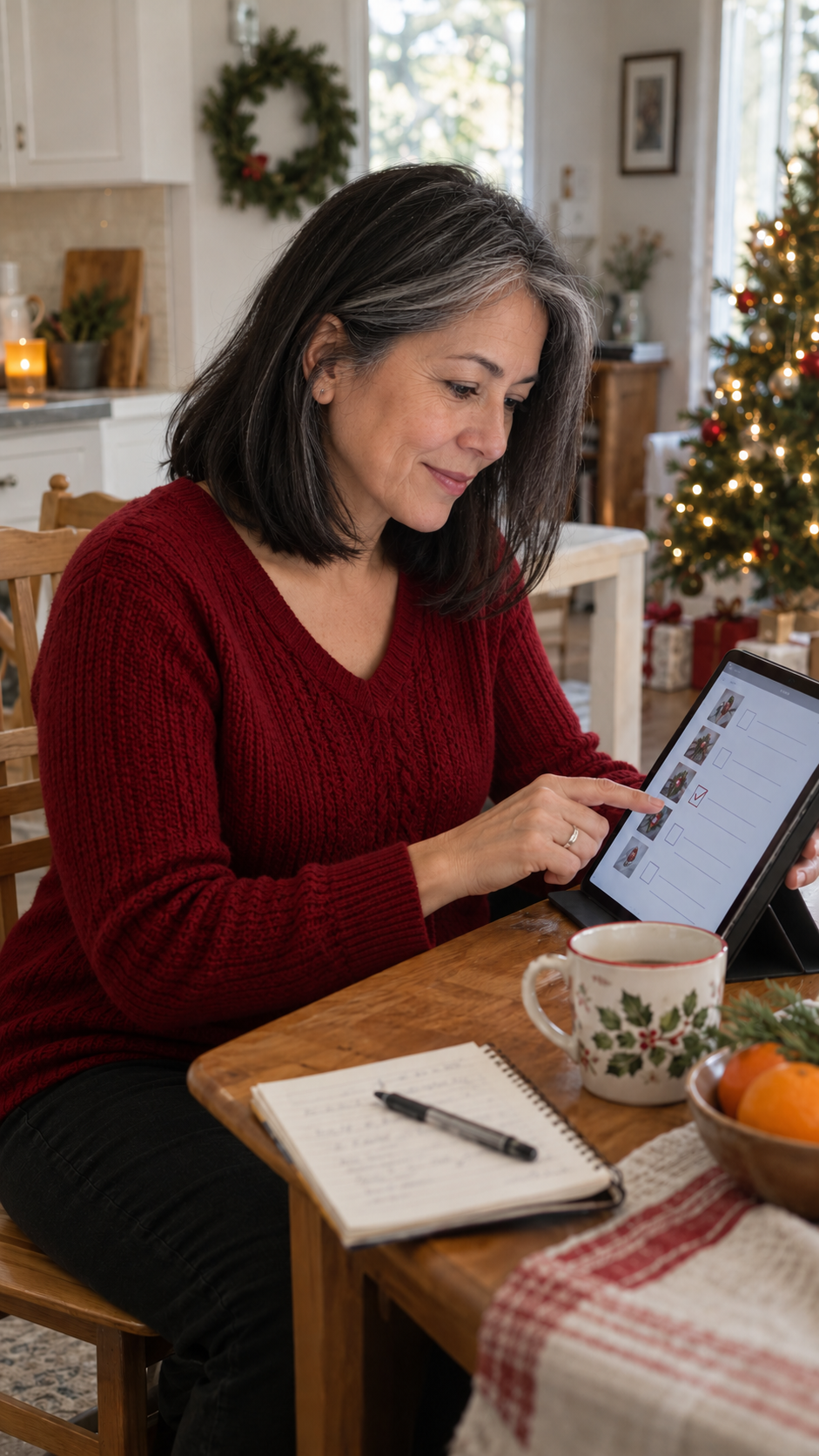 A woman with straight salt-and-pepper hair in a red holiday sweater reviewing a checklist on her tablet in a Christmas-decorated home